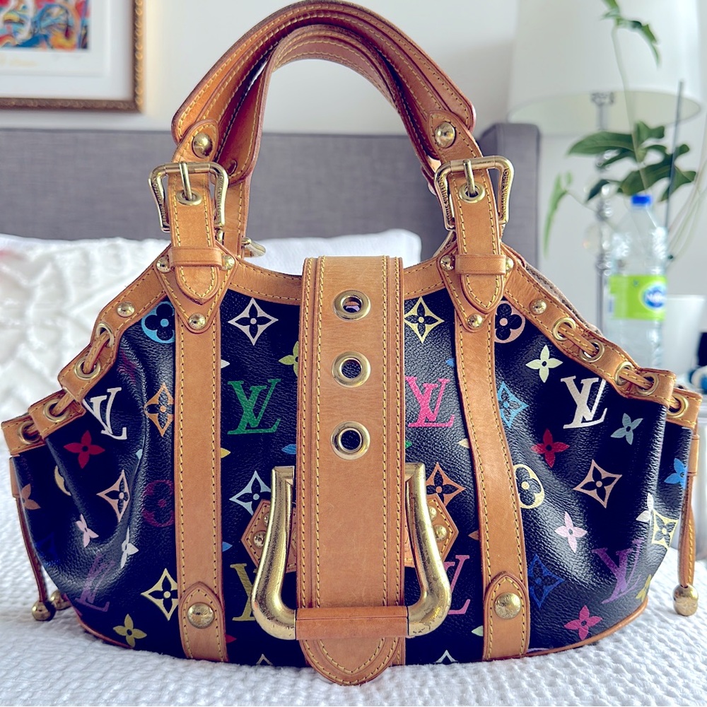 Louis Vuitton black monogram multicolor Theda PM hand bag vintage designer bag
